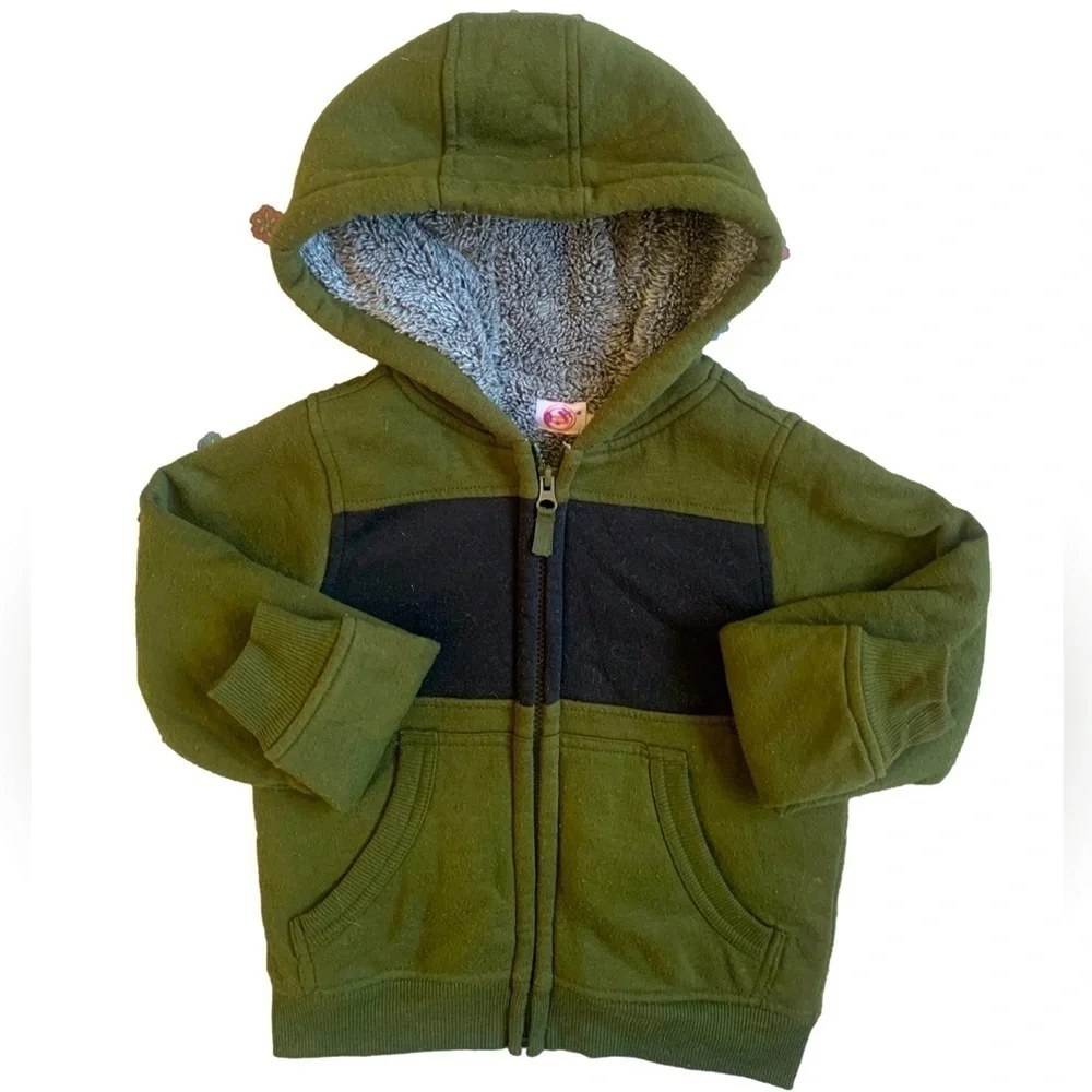 Wonder Nation Black & Green Interlined Hooded Jacket with Sherpa